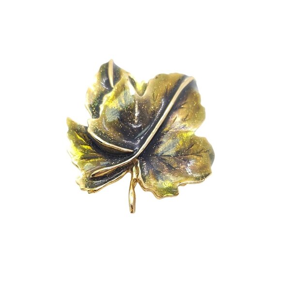 Vintage Autumn Leaf Brooch Green Glitter Enamel Gold Tone - Picture 9 of 10